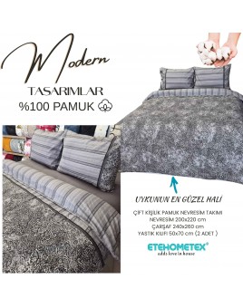 ETEHOMETEX %100 Pamuk Nevresim Takımı ÇİFT KİŞİLİK DAMASK GRİ 8696474232116